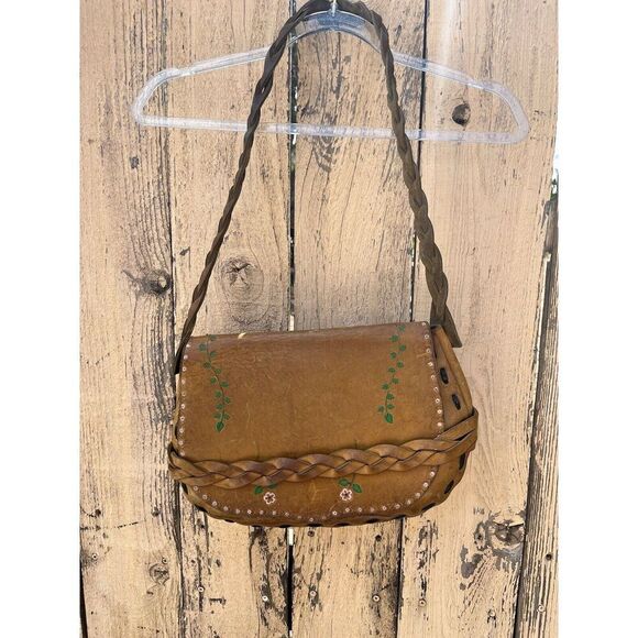 Vintage 70’s Leather Crossbody Boho Hippie Purse Handbag Painted Floral Design - Picture 12 of 13